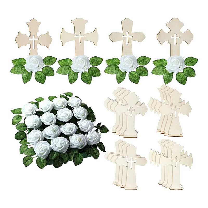 

Standing Wooden Wood Crosses for Crafts with Bases 16 Pcs White Roses