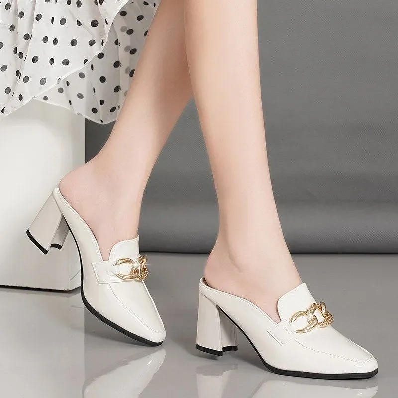 Fashion Light Weight High Quality Black Patent Leather Spring Slip on Square Heel Shoes Lady Casual Summer White Shoes A274