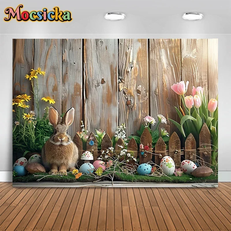Mocsicka Spring Easter Party Photography Backdrop Happy Birthday Boardwalk Bunny Background Cake Smash Photo Banner Studio Props