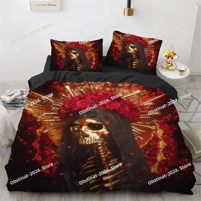 Skull Duvet Cover Queen Size Microfiber Vintage Sugar Skull Girl Day of The Dead Bride with Dark Color Roses Graphic Bedding Set