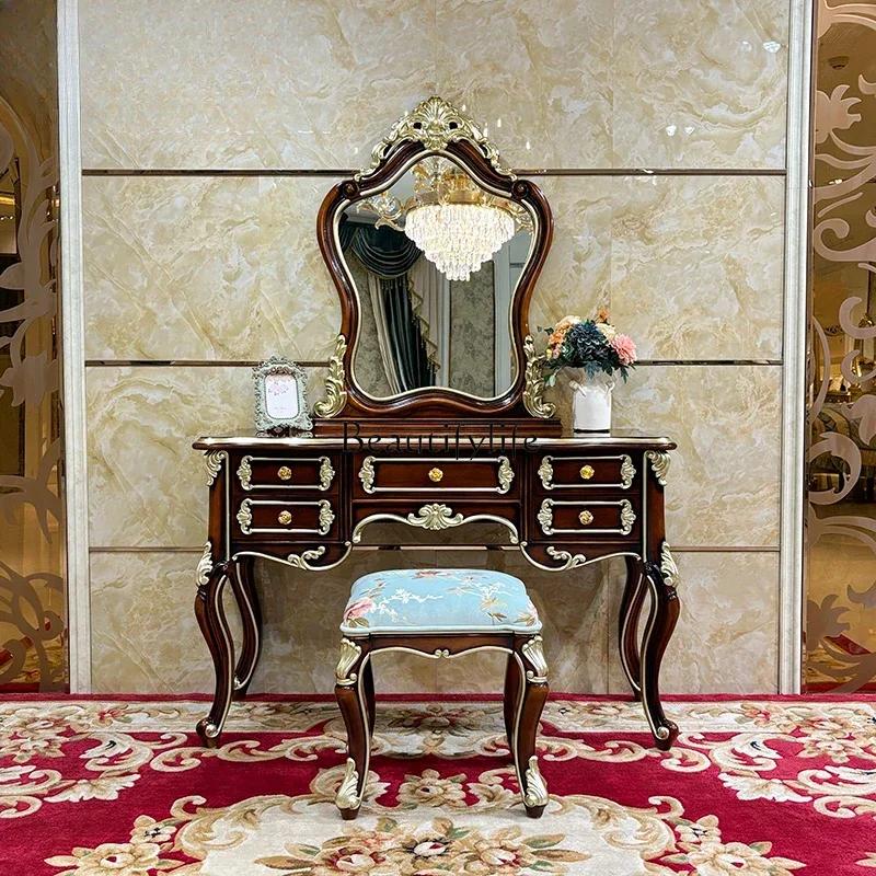 

LJY*dressing stool, European court luxury solid wood carved curved with drawers dressing table