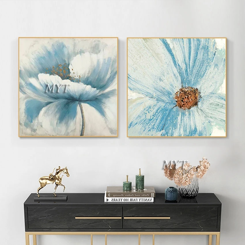 New Arrival, Modern Thick Acrylic Canvas Wall Picture, 2PCS 1 Set Abstract Art, Blue Flower Paintings Decor Unframed Showpieces