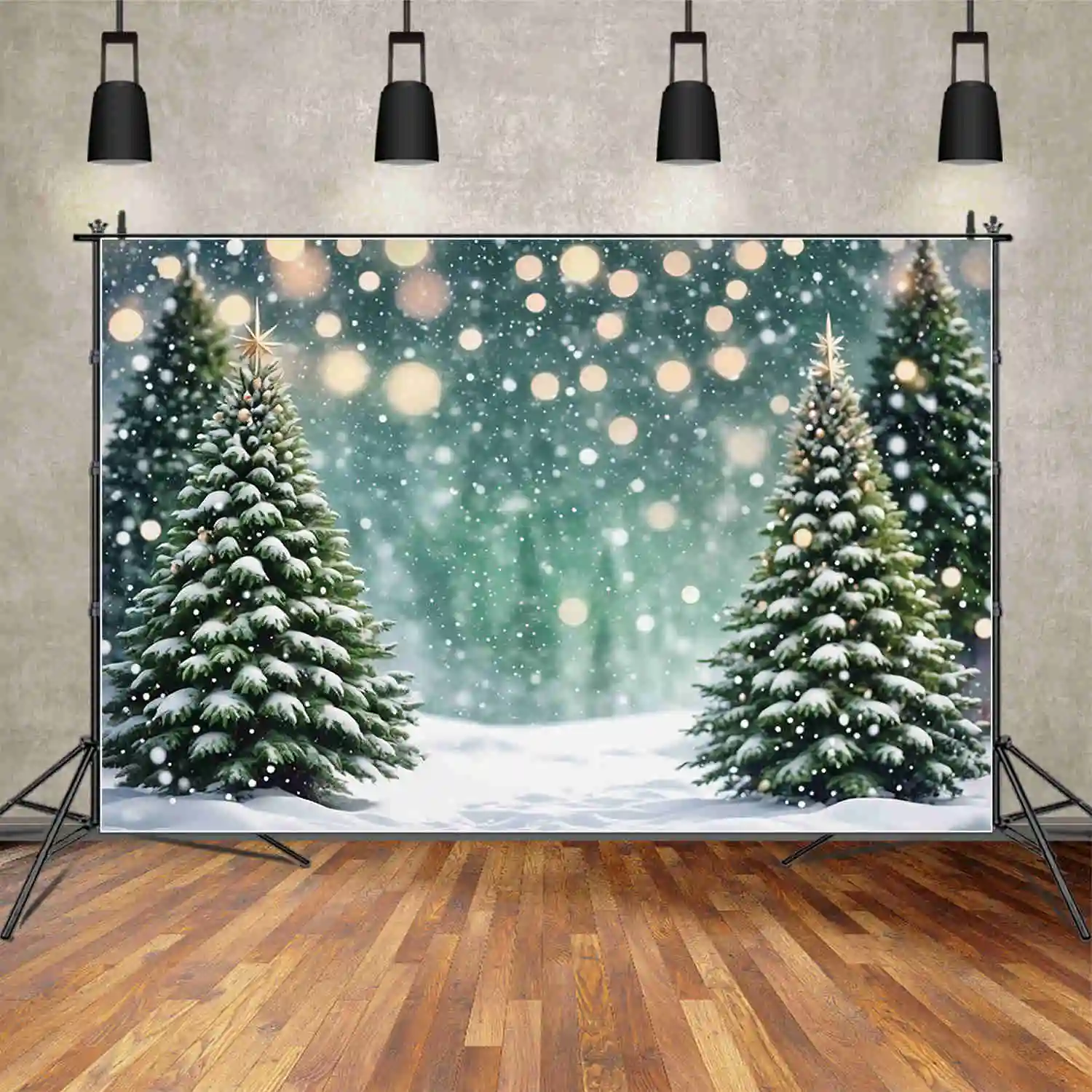 

MOON.QG Snow Winter Green Backdrops Christmas Children Outdoor Pine Trees Field Backgrounds Custom Party Decor Photo Shoot Props