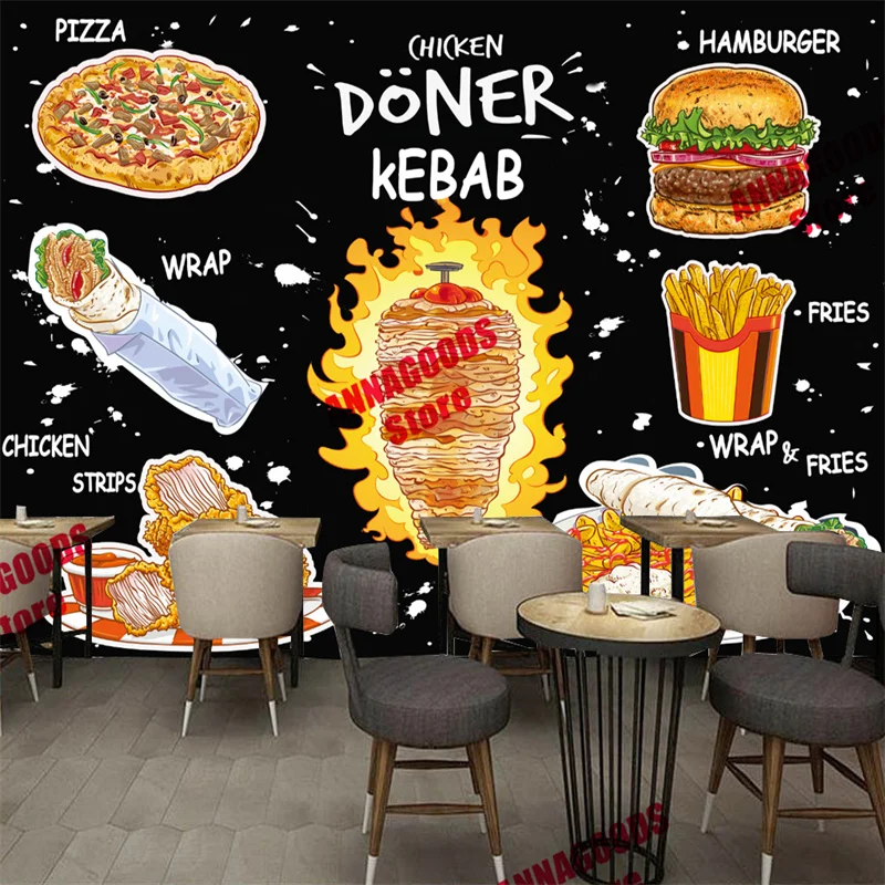 Custom Text Food 3D American Fast Food Mural Wallpaper Chicken Doner Kebab Snack Bar Restaurant Industrial Decor Wall Paper 3D