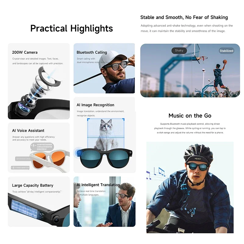 2025 New Al Image Recognition Smart Glasses WIFI Transmission Intelligent Translation 200W Camera Voice Assistant Smart Glasses