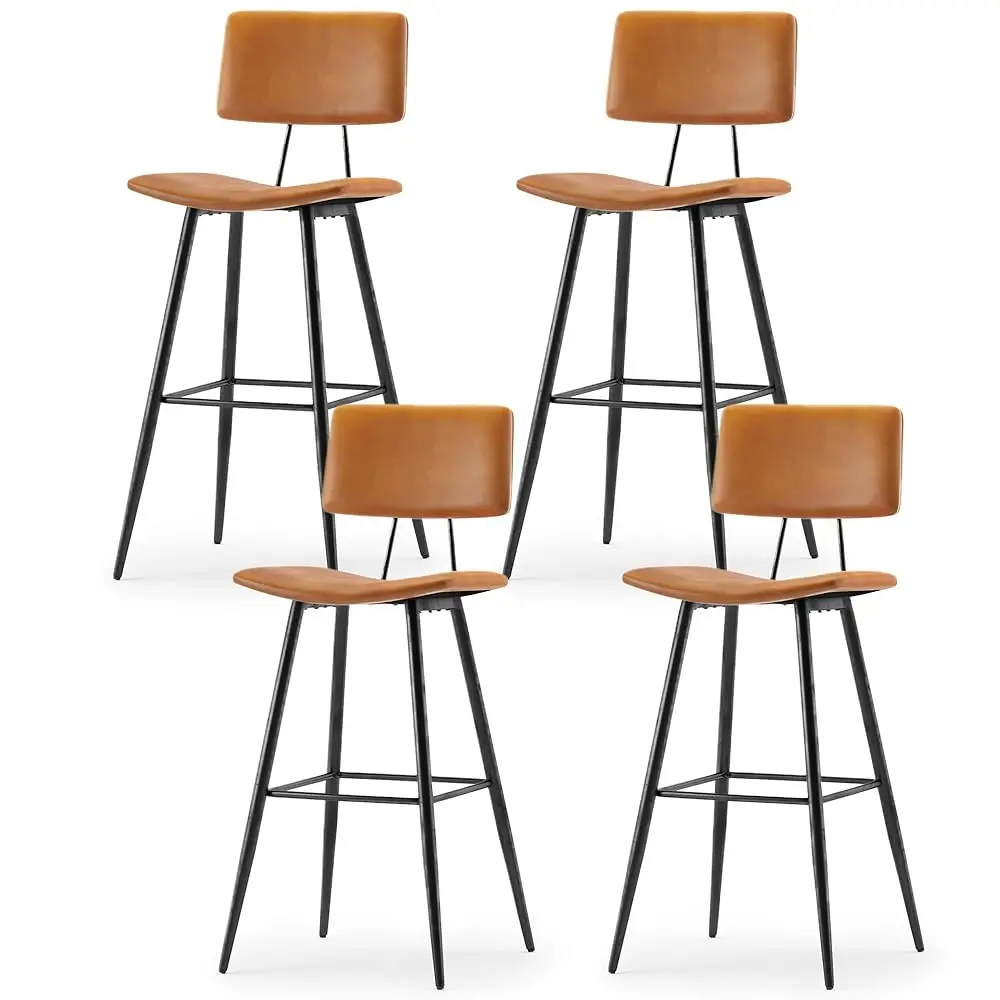 

30"" Bar Height Bar Stools Set Of 4, Whiskey Brown Faux Leather Upholstered Barstools With Ba Footrest And Metal Legs, Arml Bar