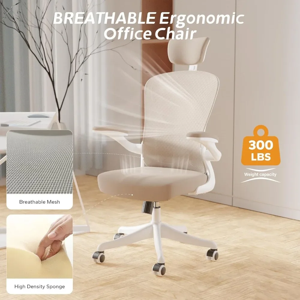 Ergonomic office chair, home office chair with flip armrest and lumbar support pad, high back computer chair with thickened pad