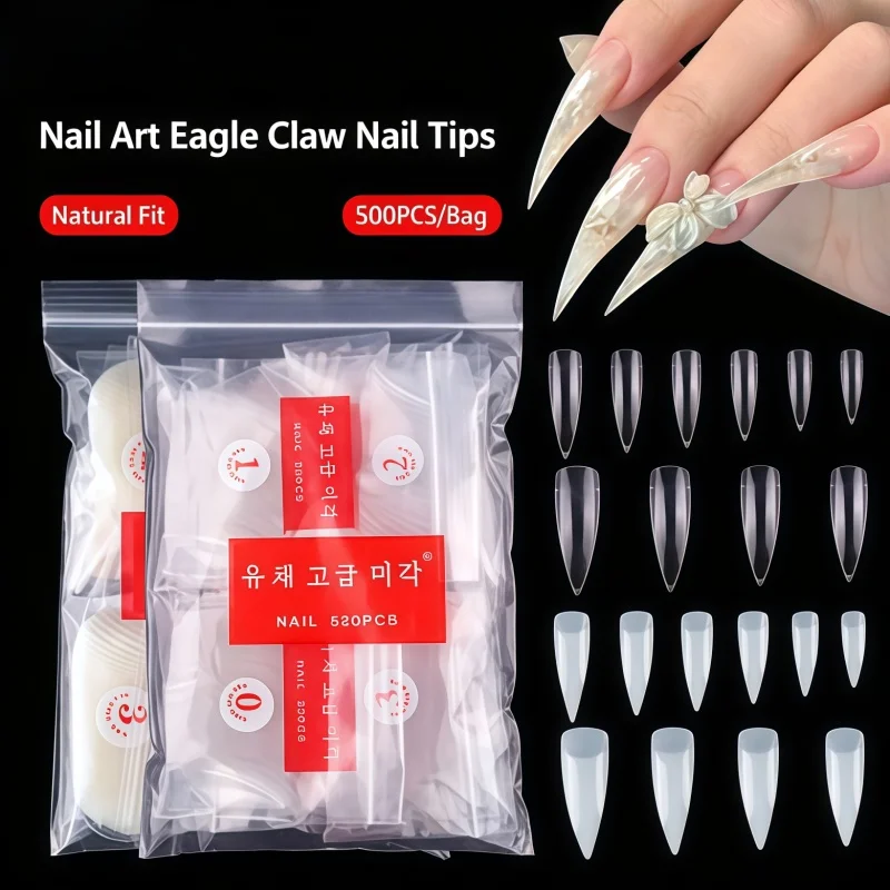 Sac de rangement pour ongles en forme de griffe d'aigle, contenant 500 pièces, ongles pointus pour salon, faux ongles transparents et naturels, pièces d'ongles en forme de griffe.