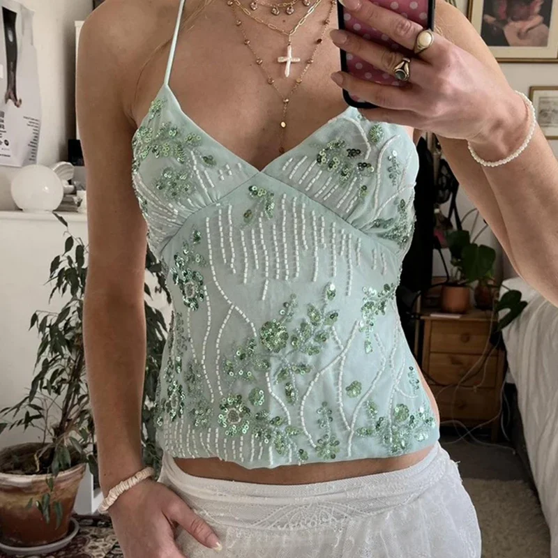 

Sexy Sequin Rhinestone Crop Tops Women Y2k Fairy Coquette Camis Pearl Glitter V Neck Backless Tank Shirt Vest Beach
