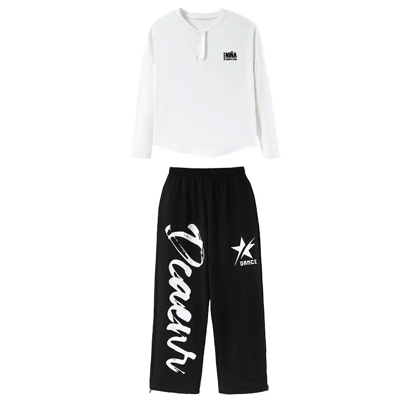 子供 Kpop ヒップホップ服黒、白ルーズ V ネック Tシャツカジュアルスウェットジョガーパンツ女の子ジャズダンスの摩耗衣装服