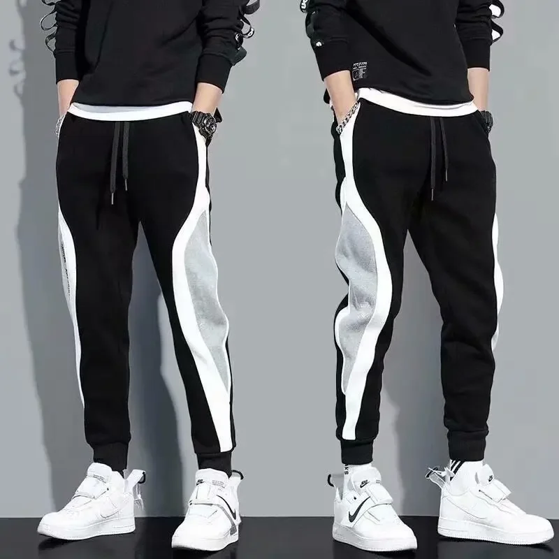 Spring Autumn Men's Wide Loose Casual Pants Mens Patchwork Sports Elastic Rope Breathable Tie-foot Male Outfit Trousers
