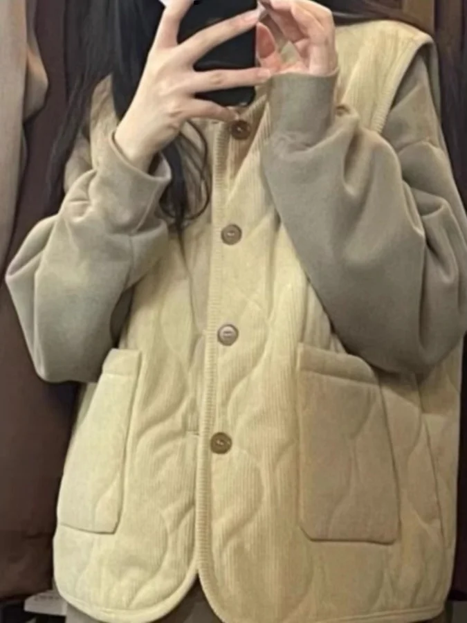 

Корейский винтажный вельветовый жилет Jaet, женская верхняя одежда, осенне-зимний простой многослойный жилет с хлопковой подкладкой