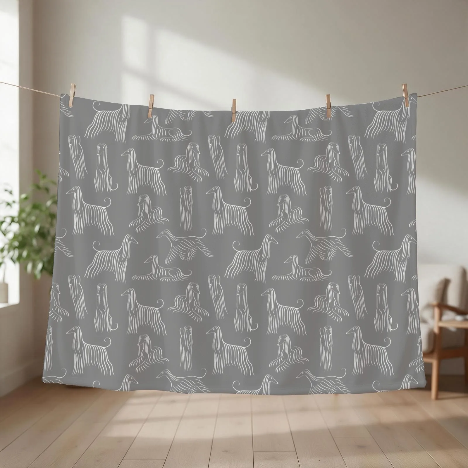 Afghan Hound Pattern on Grey Background Throw Blanket couch cozy soft plush fuzzy picnic outdoor blanket