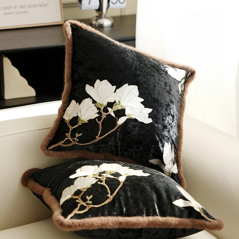 

Chinese Style Luxury Modern Cushion Cover 45x45cm Black Vintage Jade Orchid Embroidered Pillow Case for Sofa High-End Home Decor