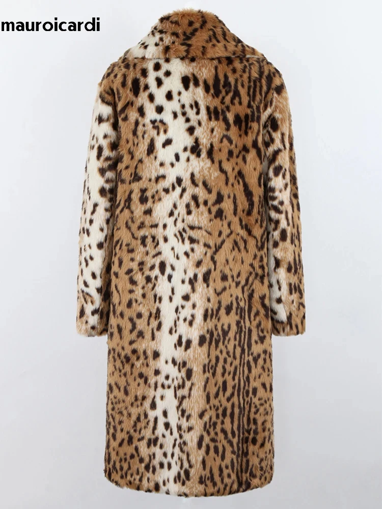 Mauroicardi Winter Long Thick Warm Fluffy Colorful Leopard Print Faux Fur Coat Women High Quality Loose Stylish Furry Overcoat