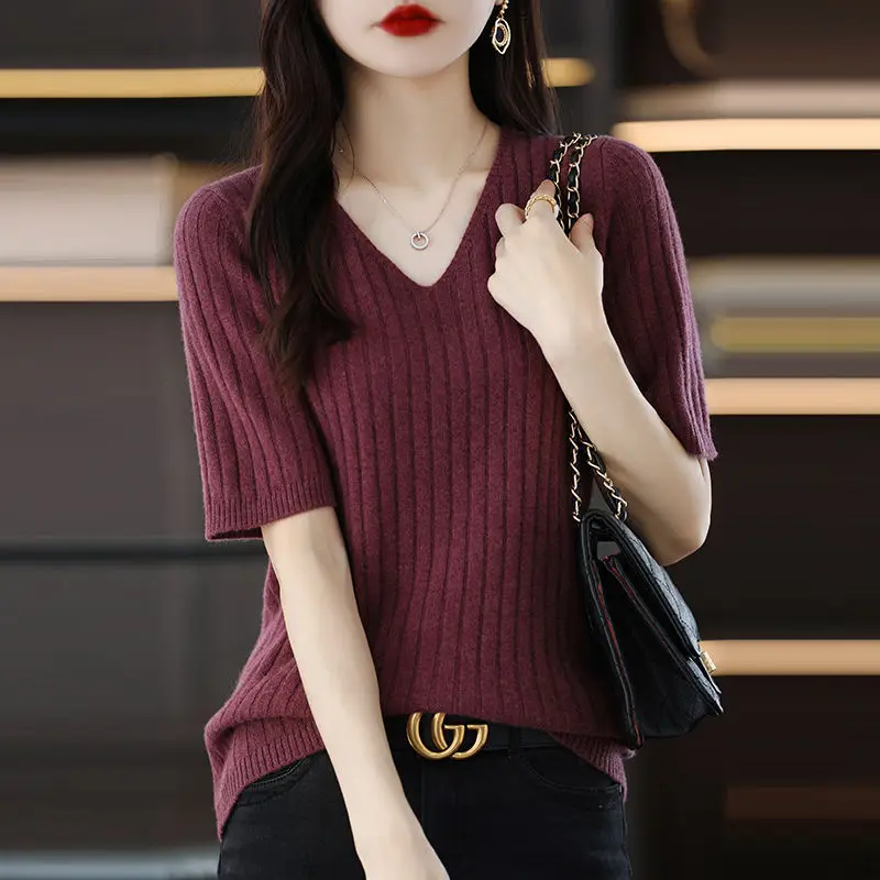 Off-season Short-sleeved Knitted Base Shirt Women V-neck Pullover Clothes Simple Versatile Sweater Mid-sleeved Top T-shirt