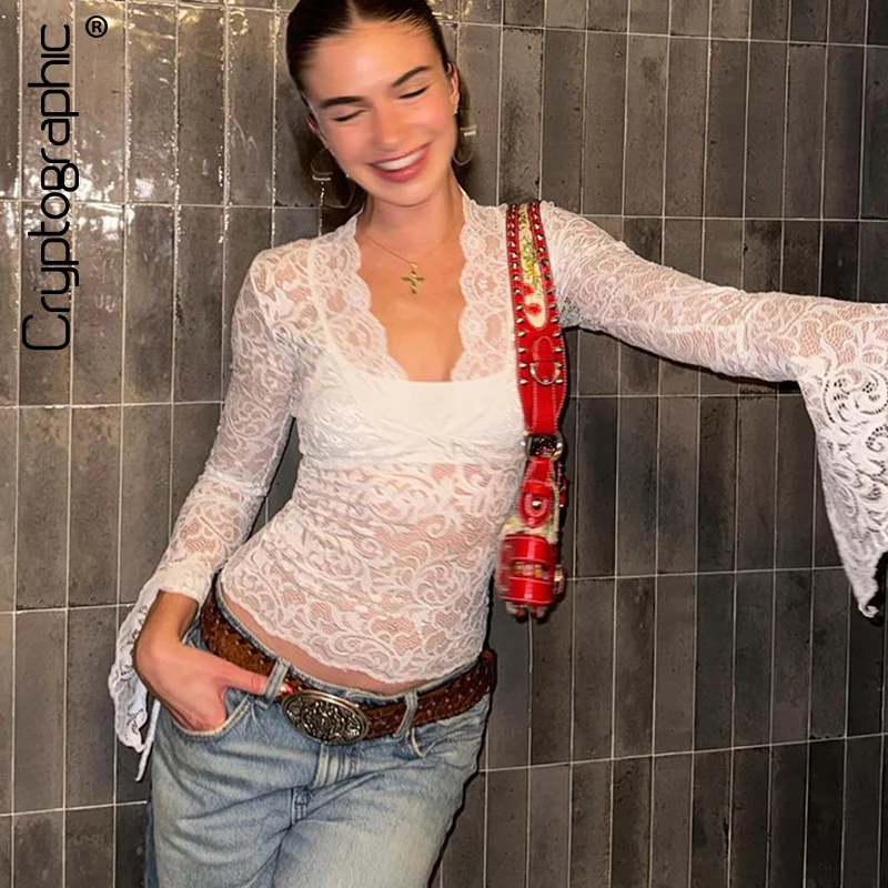 Cryptographic Retro Female Clothing Sexy Hot V-Neck Flare Long Sleeve Crop Top Slim Sheer Lace Boho Shirt Chic Girls' Outfits