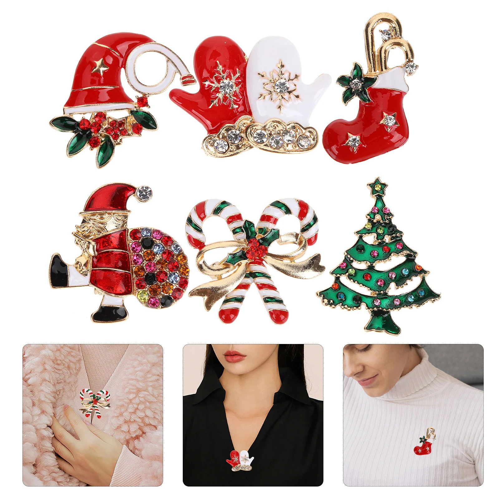 

6 Pcs Christmas Brooch Lapel Pin Hat Clothes Brooches Clothing Metal Rhinestone Pins