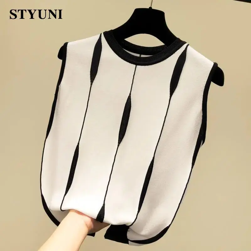 Striped Vintage Chic Round Neck Knitted Sleeveless Women's Vest Korean Fashion Lightweight Summer 2023 Female Clothing Tank Tops