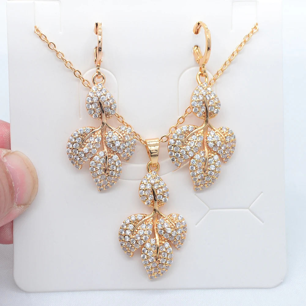 Fashion Gold Color Women Multicolor Cubic Zirconia Leaf Leaves Earrings & Pendant Jewelry Set