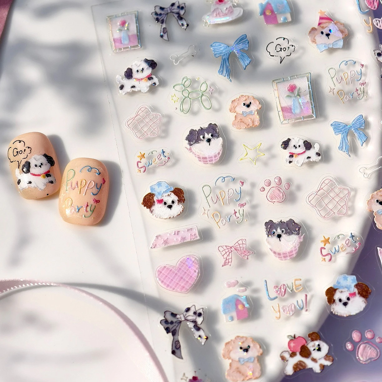 Mignon chiot coeur nœud papillon chien étoiles chat griffe imprimer fleurs champignon nuage fraise pomme lapin horloge Nail Art autocollants décalcomanies