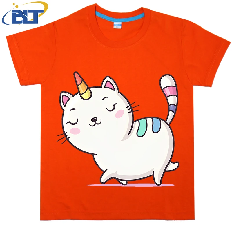 Camiseta con estampado de unicornio y gato para niños, tops informales de manga corta de algodón para niños y niñas, Verano