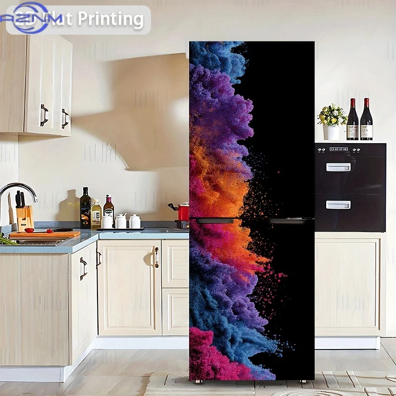 2D Flat Printing, Not 3D, 1pc Refrigerator Sticker, 60x180cm, Colorful Powder Splatter on Black Background, Themed Scene Wall