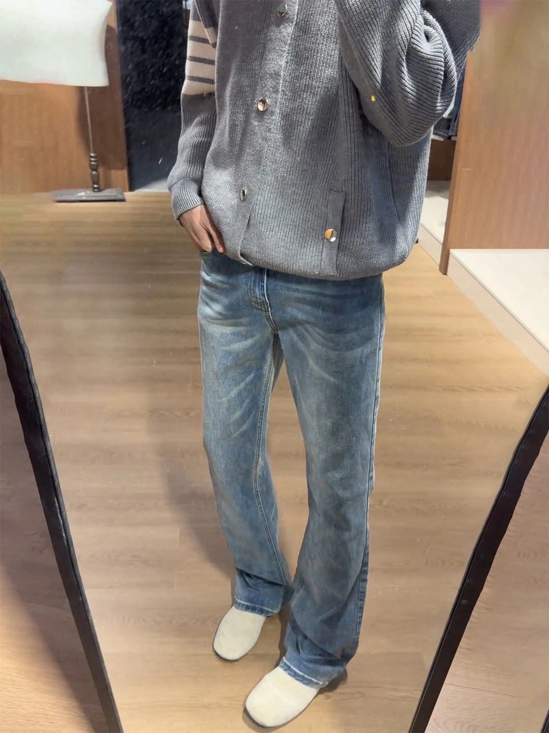 

American High Street Straight Leg Men's Jeans Fleece Lined Bootcut Pants Lengthening Legs Effect Winter Fashion Cleanfit