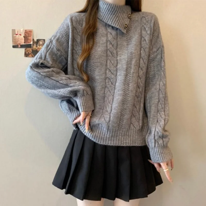 Mädchen Koreanische Grau High Neck Pullover Gestrickte Pullover Strickjacke frauen Einfarbig Einfachen Stil Verdicken Vintage Herbst Winter