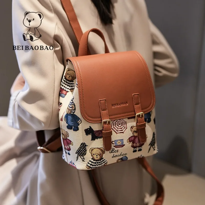 

Fashion Large Capacity Backpack Urban Trend Versatile Bear Contrasting Color Women's Bag Simple College Style Lady Shoulder Bag