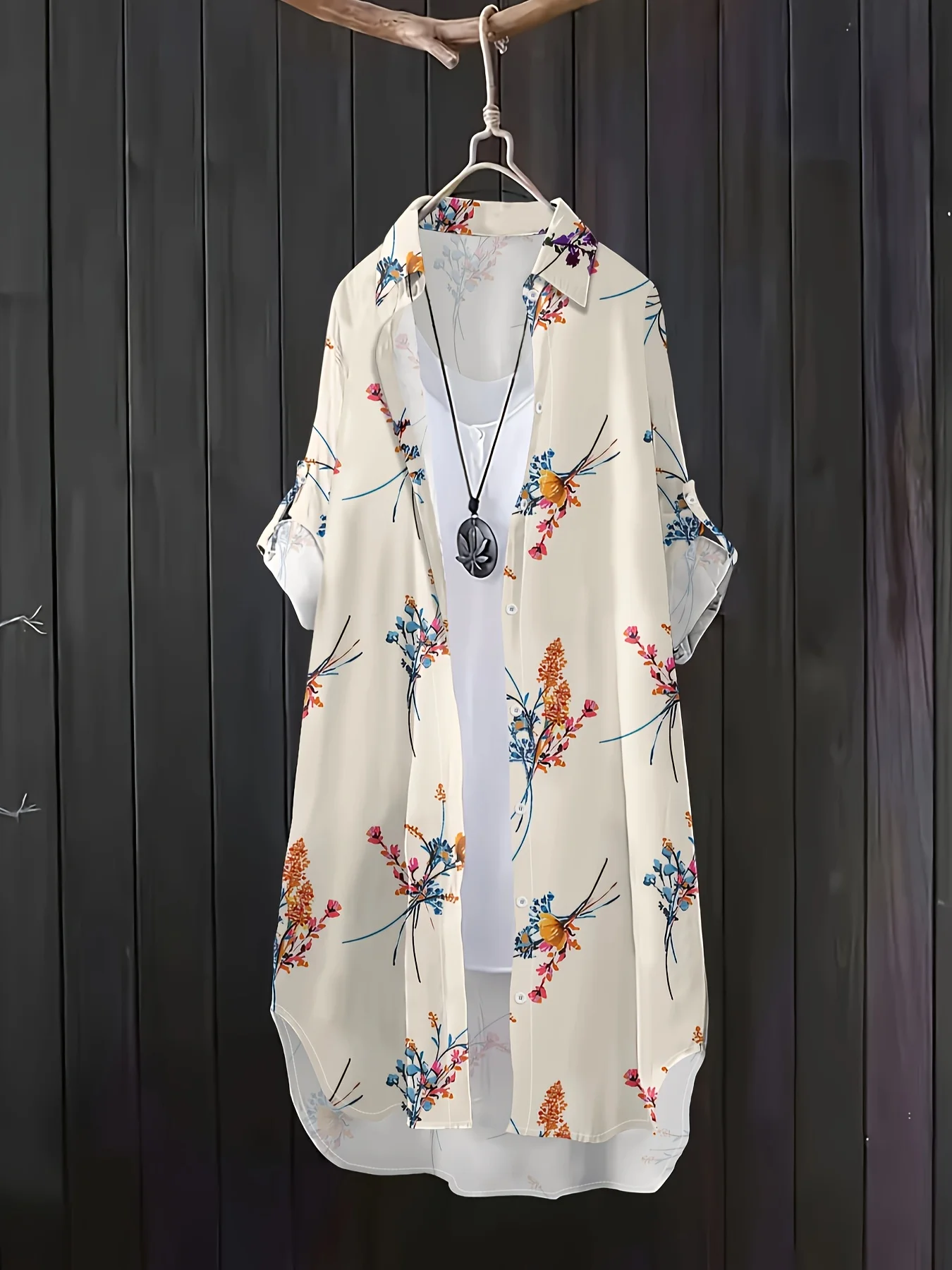 Printed design Casual Style Colorful Floral Print On Cream Long Sleeve Lapel Shirt