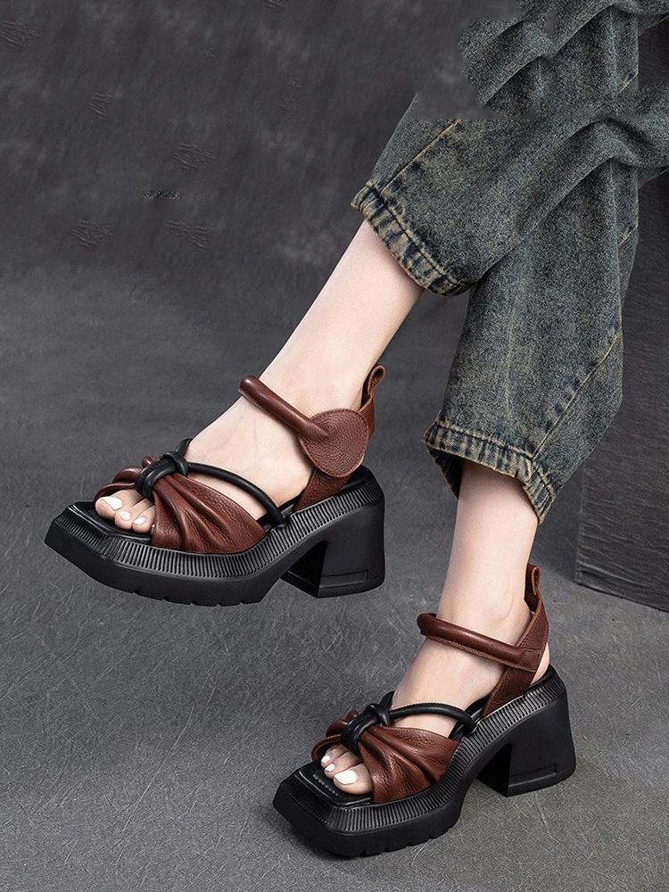 

Birkuir Thick Heel Hook Loop Sandals For Women Pleated Beach Sandals 8.5cm Heels Genuine Leather Luxury Retro Square Toe Sandals