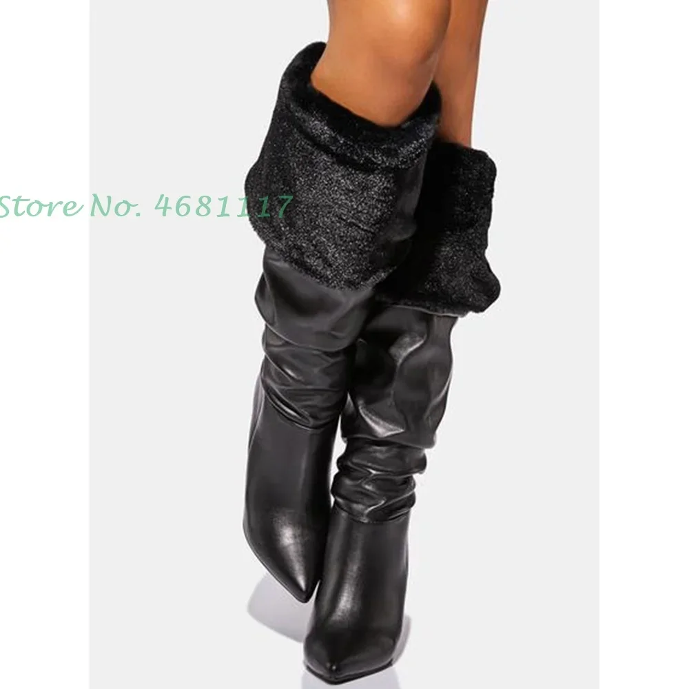Pleated Fur Knee High Wedges Boots Women Sewing Pointed Toe Leather Long High Heel Shoes Black Brown Turned Over Edges Boots