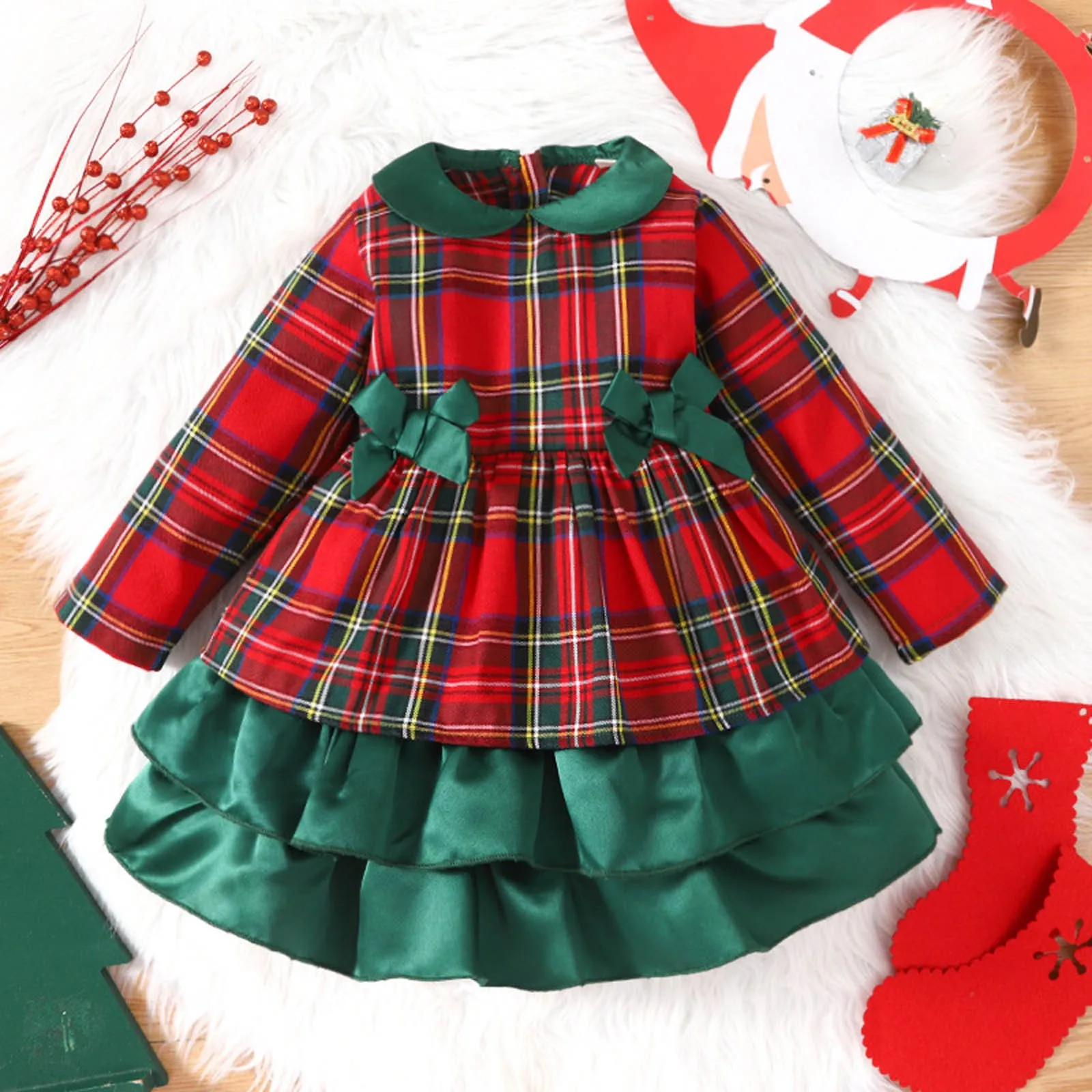 New Christmas Dress For Girls 1-5 Years Toddler Kids Red Green Plaid Bow Dresses For Girl Xmas Party Princess Costumes Clothes