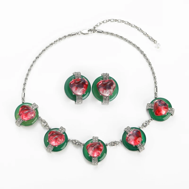 parure-de-bijoux-vintage-en-verre-rond-vert-et-rose-avec-strass-collier-et-boucles-d'oreilles-cadeau-de-luxe-retro-pour-mariage-et-fete-de-marques-et-designers