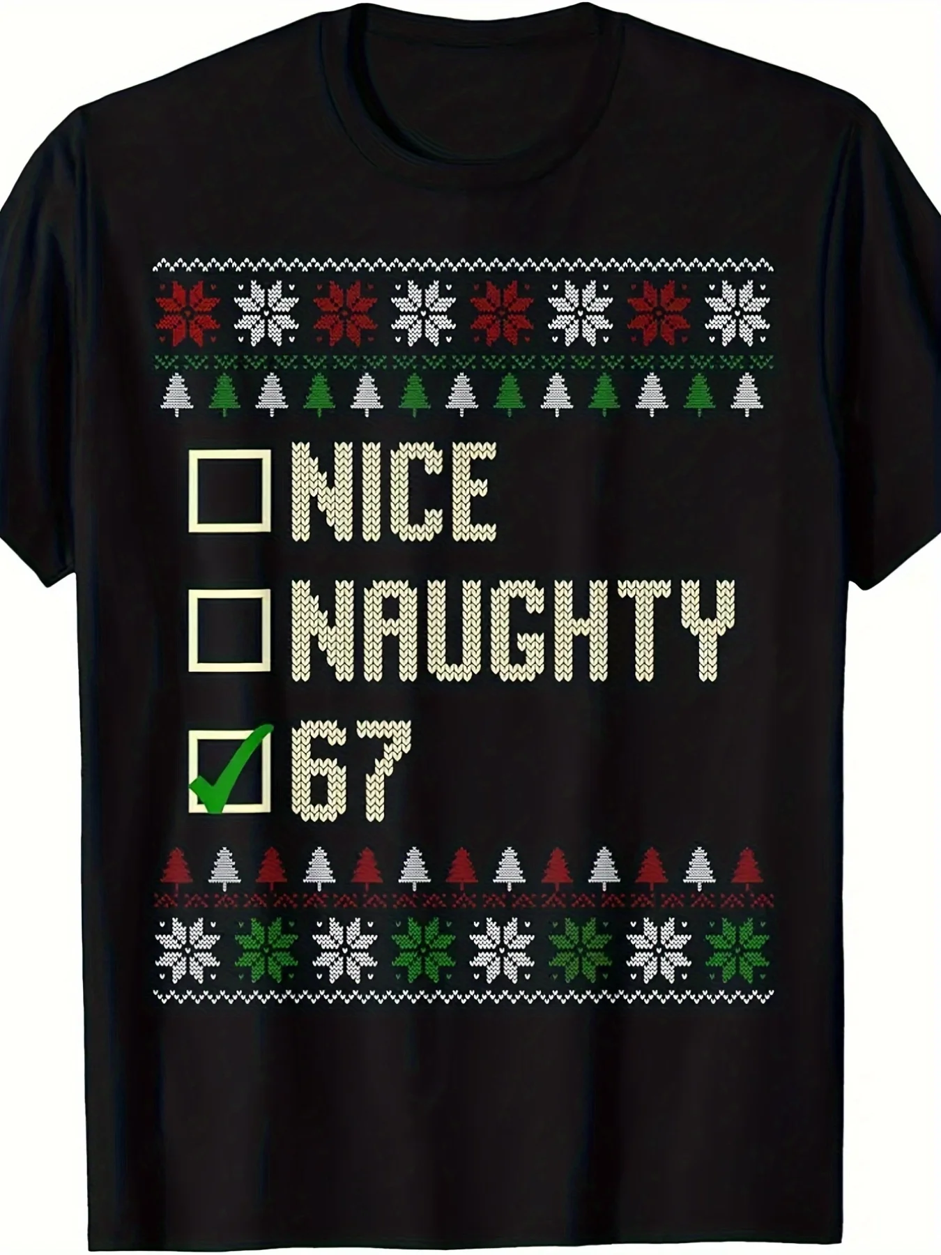 Boys And Girls Funny 67 Numbered Ugly Christmas Sweater T-Shirt - Naughty List Checkmark Design with Snowflake Patterns, Loose Fit Short Sleeve Round Neck Casual Holiday Humor Top for Xmas Parties.Jpgsame Style for Men And Women 2025 Summer Short-Sl