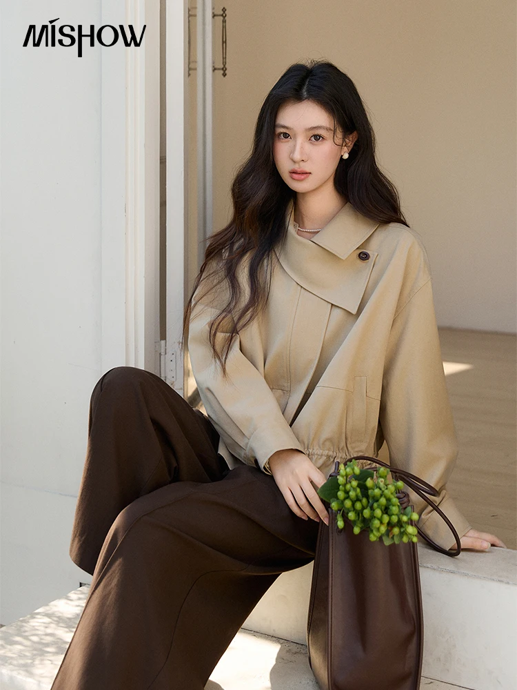MISHOW Women's Khaki Cropped Jacket 2026 Spring Asymmetrical Collar Drawstring Waist Short Jackets Casual Loose Coat MXF11W1029