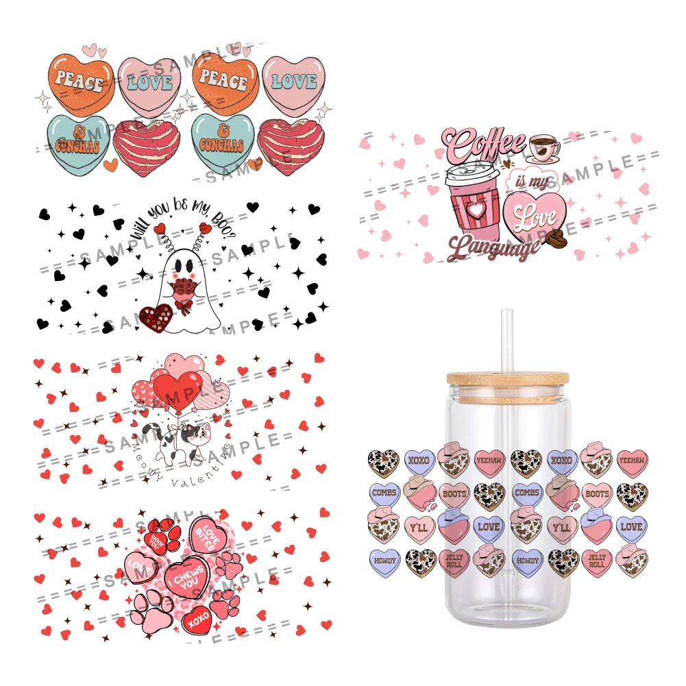 Valentine's Day Pink Sweet Heart Pattern UV DTF Transfer Sticker Waterproof Transfers Decals For 16oz Glass Cup Wrap Stickers