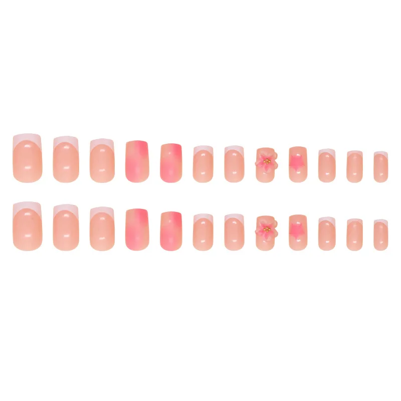 24pcs Pink Fake Nails White French 3D Flowers Press On Nails Medium Coffin Blush False Nail Patches Wearable Manicure For Women