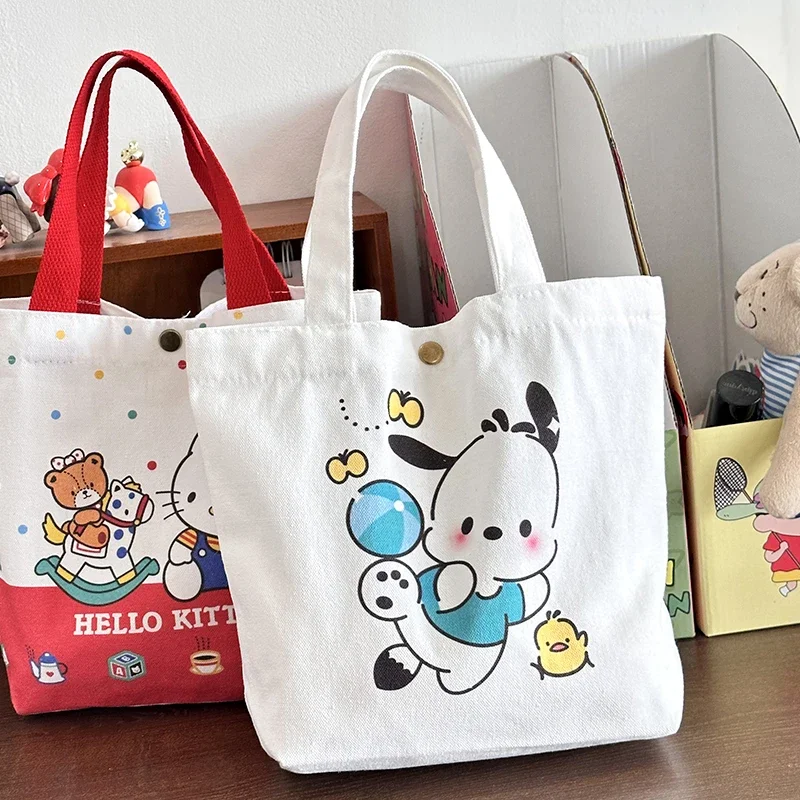 Hello Kitty Women Shoulder Tote Bags Sanrio Cartoon Canvas Handbag with Hasp Girls Gift Luxury Brand Bag High Quality Designer image 3