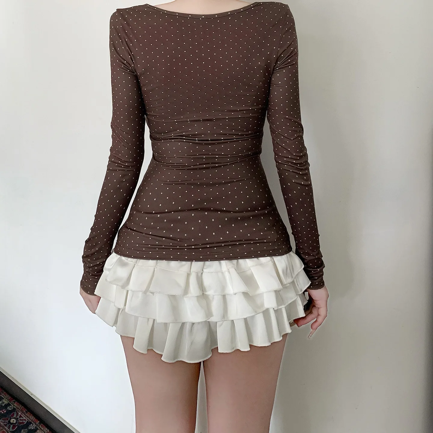 Women Lace Panel Bow Detail V Neck Long Sleeve T Shirt Polka Dot Retro Elegant Cute Slim Fit Inner Top