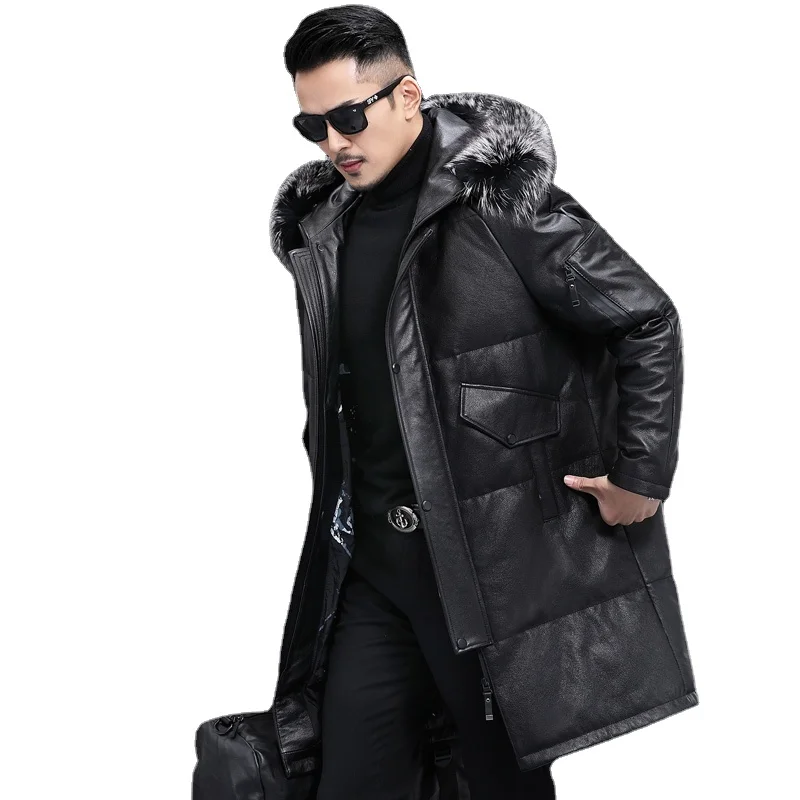 

Thick Winter Genuine Leather Down Jacket Men First Layer Calfskin 90% White Duck Overcoat Fox Fur Collar Hooded Long Coat