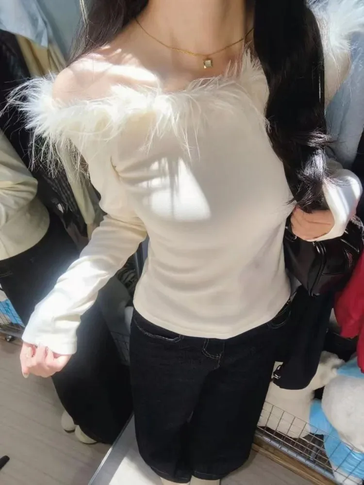 Sexy T Shirts Women Furry Patchwork Slash Neck Solid Slim Long Sleeve Spring Autumn Crop Tops Ladies Fashion Casual