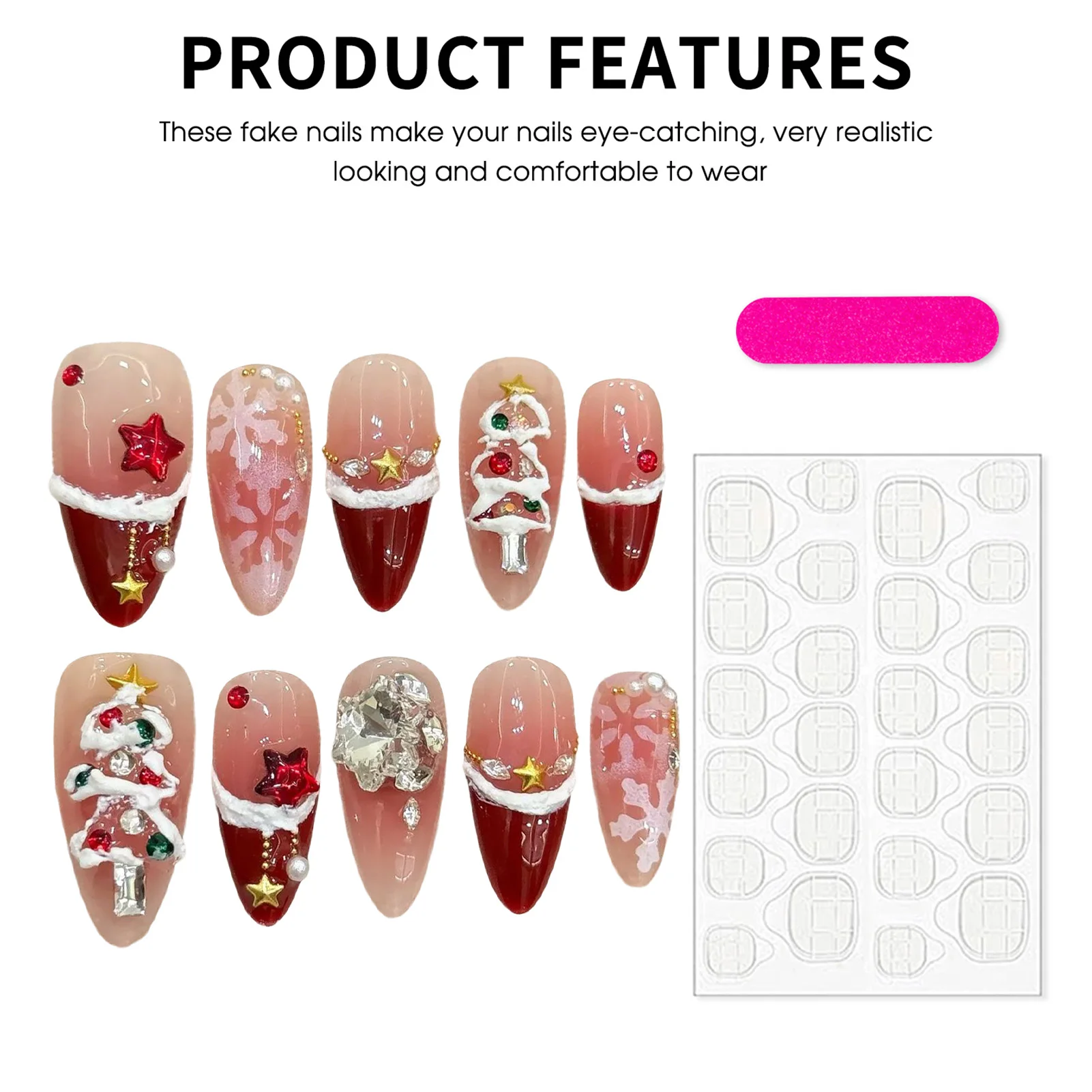10 szt. Świąteczne, ręcznie robione paznokcie doczepiane, czerwone, francuskie, migdałowe sztuczne paznokcie, błyszczące, z dżetami, wzór choinki i gwiazdy, noszone sztuczne paznokcie.