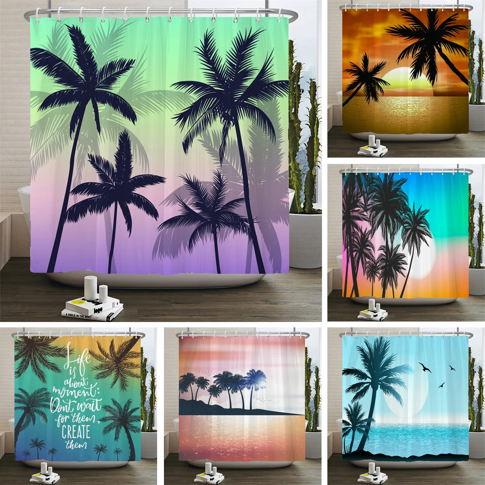 Beach Sunset Palm Trees Scenery 3D Printing Shower Curtain Polyester Waterproof Home Decor Curtain With Hooks large Size 300x180