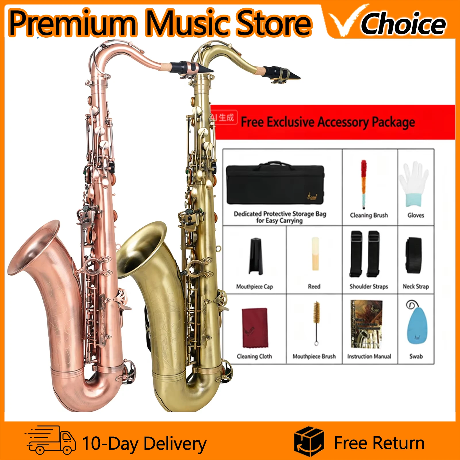 SLADE Bb Flat Tenor Saxophone Antique Brass Body Tenor Sax Professional Woodwind Playing Instrument for Beginners&Performers