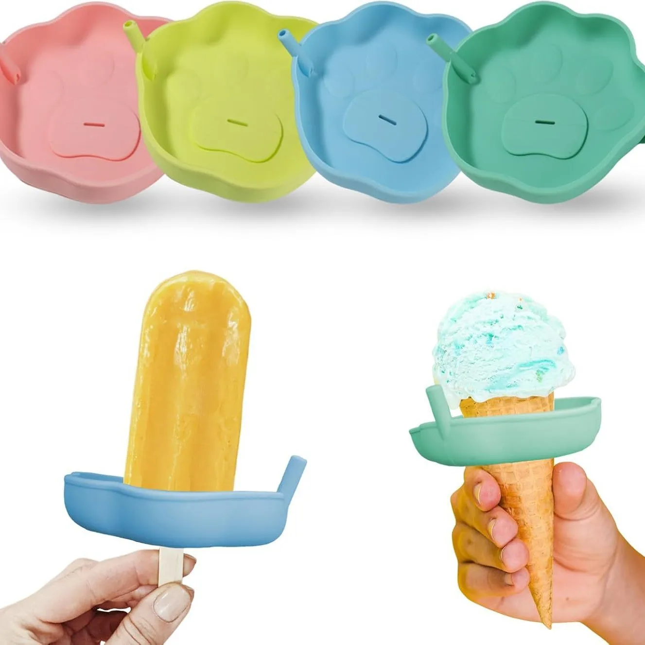 

【4 Pcs Ice Cream Holders】Cat Paw Shape Anti-Melt Stands, Mess-Free Popsicle Sticks for Parties, Dessert - Cute Non-Drip Trays
