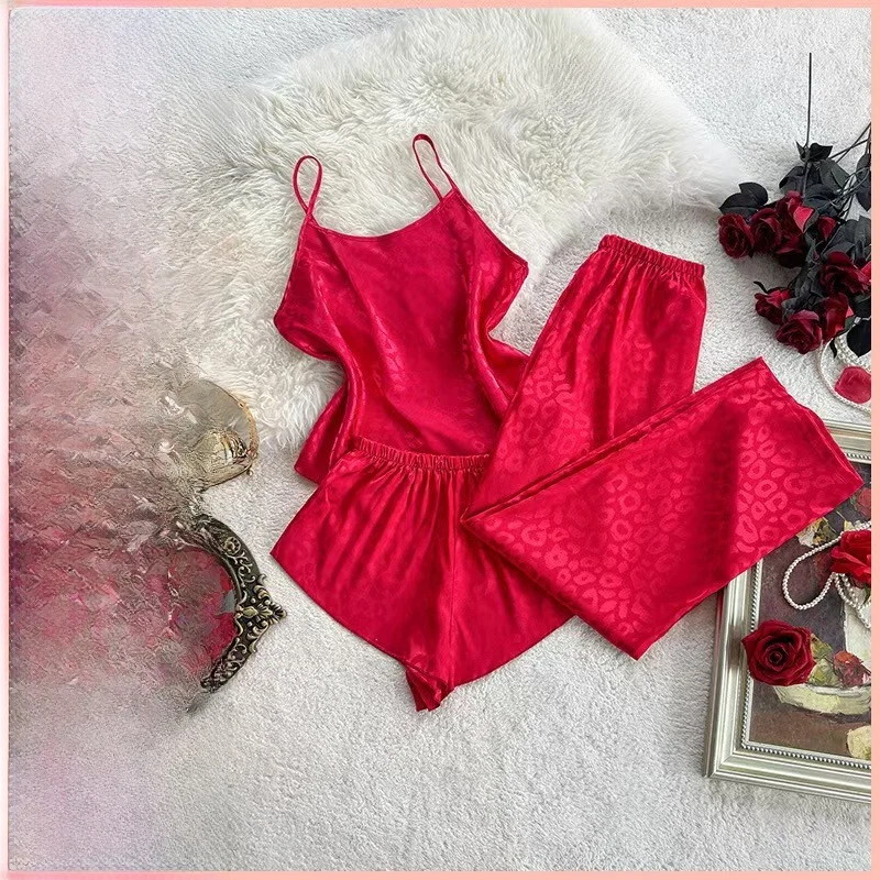 

Sexy Leopard Print Vest Shorts Pants Three Piece Home Suit Comfortable Breathable Sleepwear for Young Women