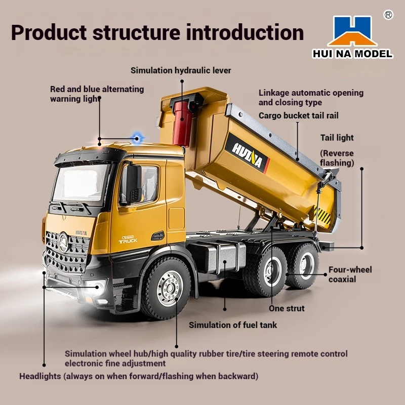 

Huina 573 1:14 Scale Remote Control Engineering Vehicle Heavy-Duty Alloy Dump Truck with Ten Channel Hydraulics Toy for Boys