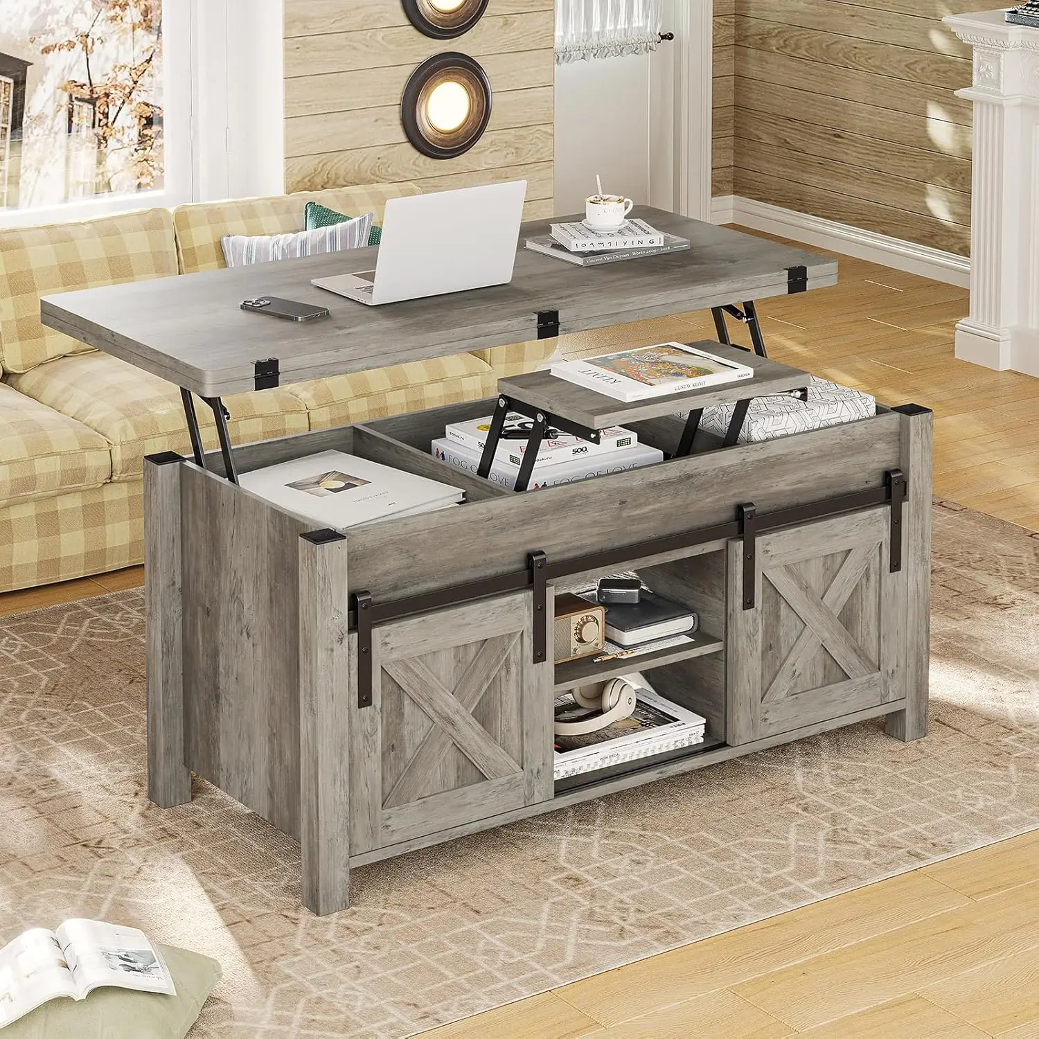 Lift Top Coffee Table, 4 in 1  Storage and Hidden Compartment, Farmhouse  Converts to Dining Table for Living Room, Grey